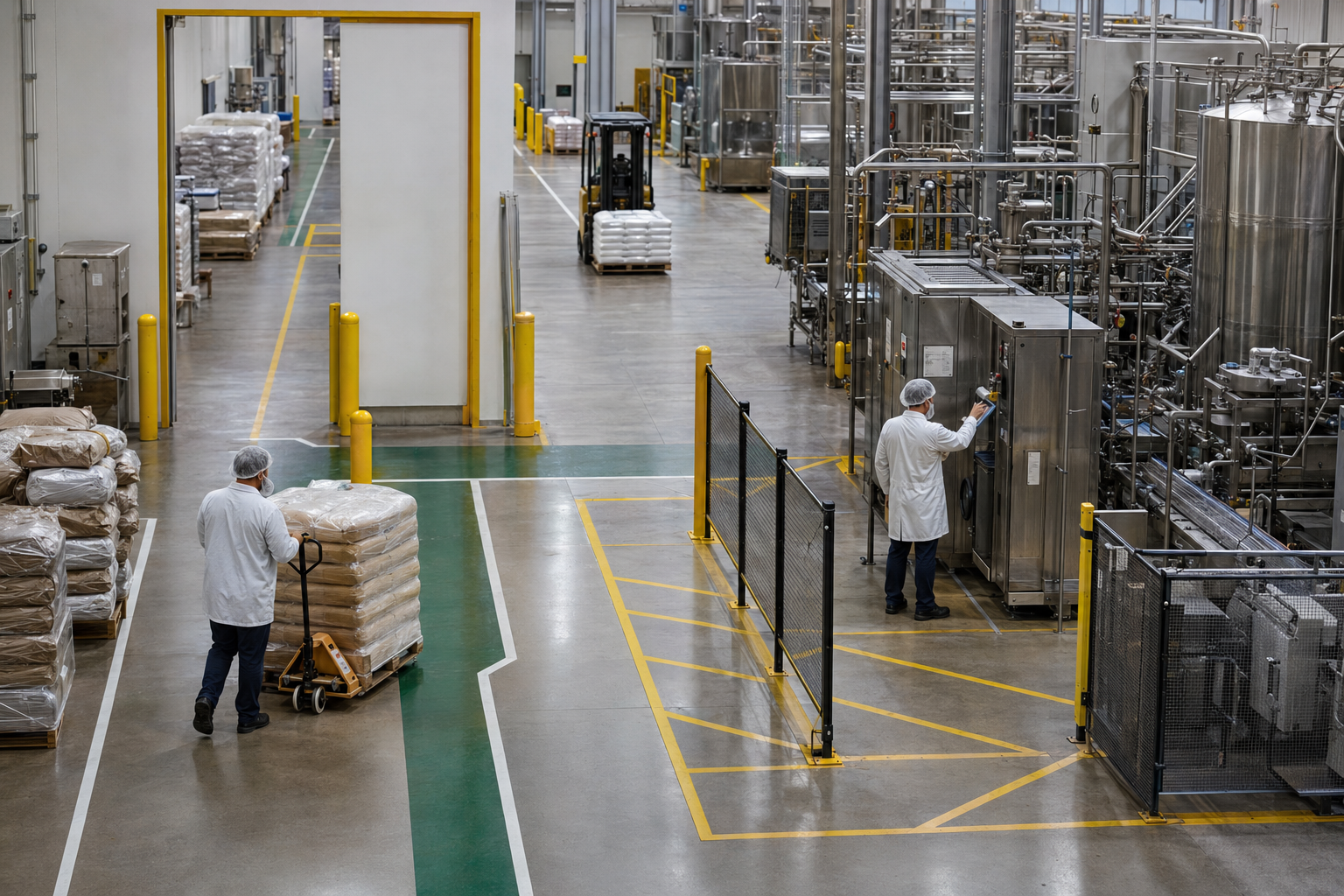 Production area with pedestrian routes, material staging, equipment boundary and forklift movement