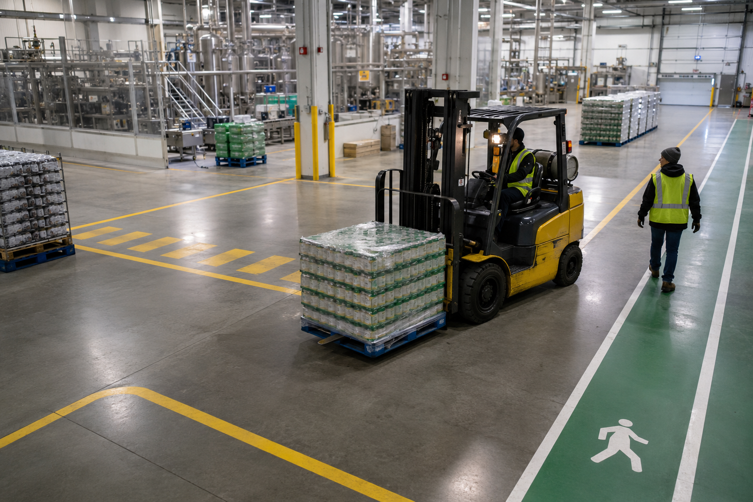 Forklift, pedestrian route and material staging in food and beverage manufacturing