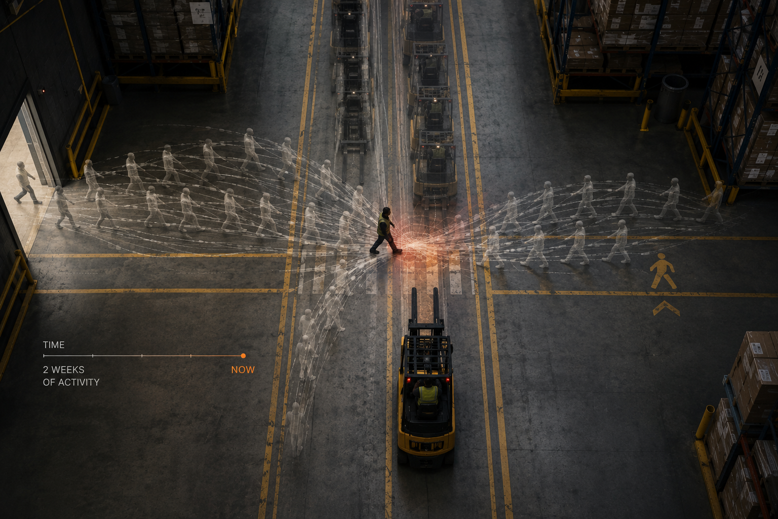 Repeated pedestrian and forklift interactions layered across time at one warehouse crossing