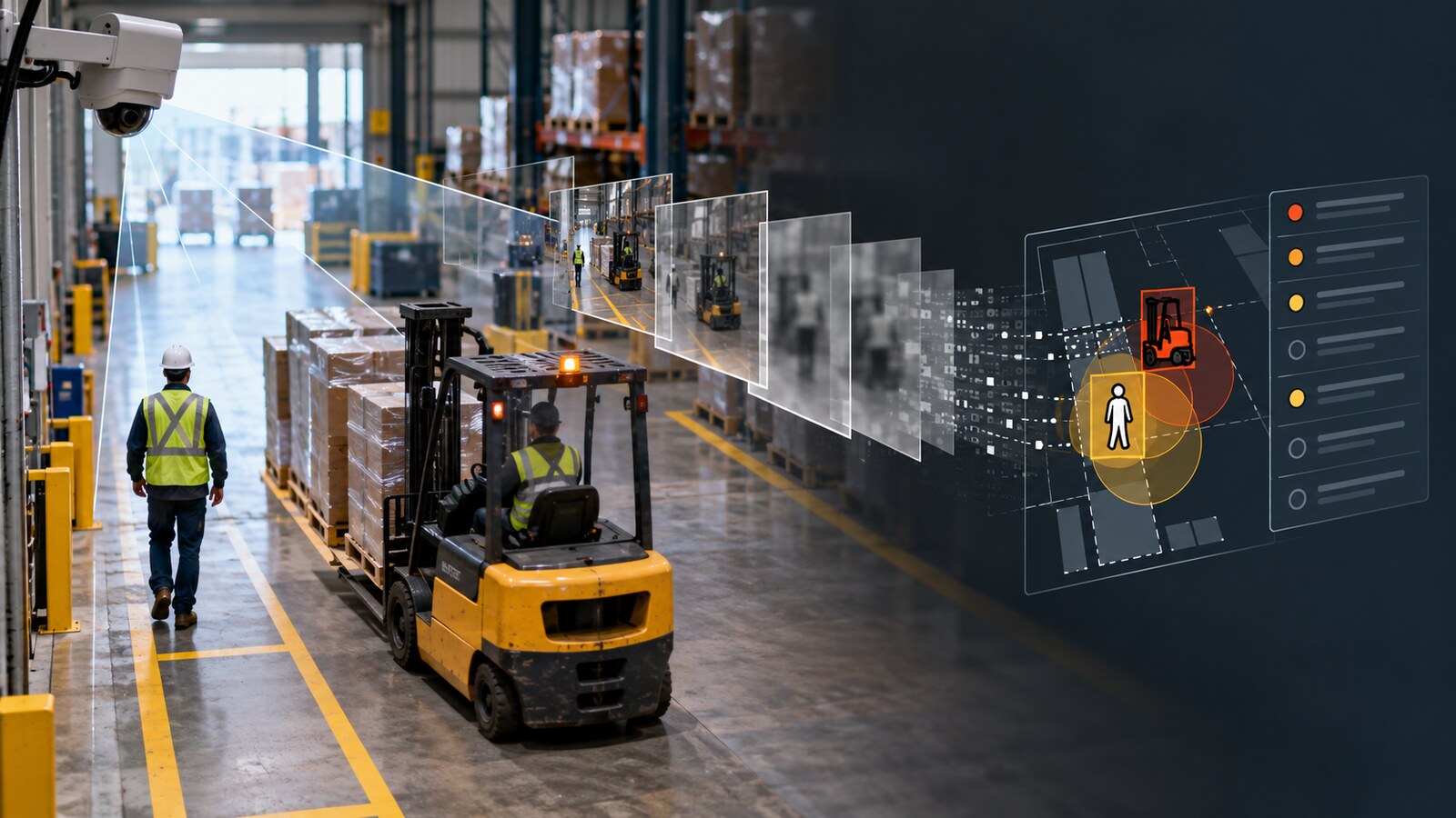 Warehouse camera observations fading into a simplified industrial safety condition record
